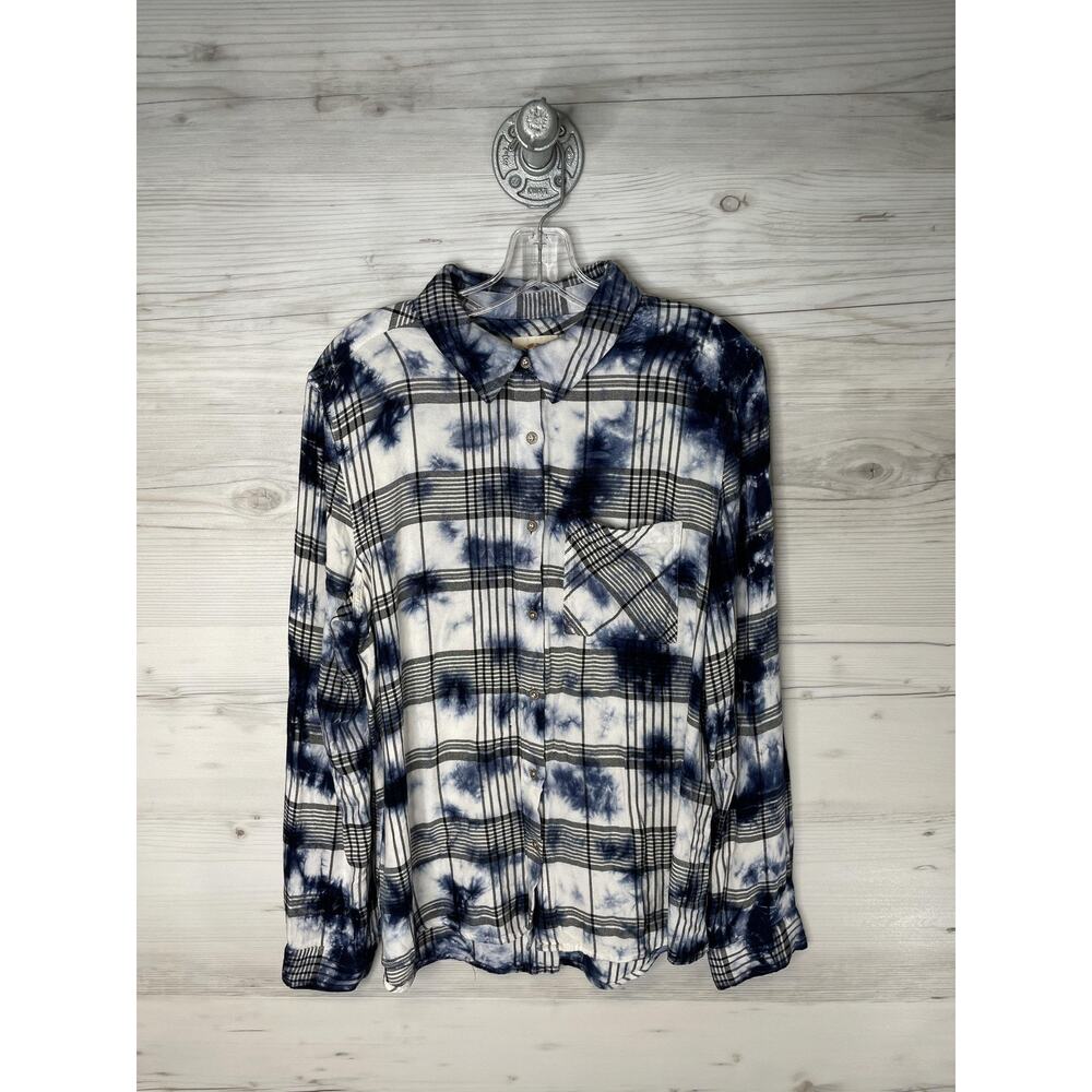 C&C California Shirt Womens Large Blue White Plaid Tie Dye Long Sleeve Button Up